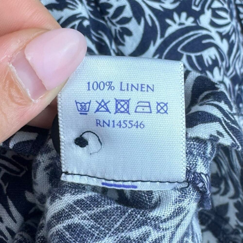 Brora 100% Linen Indigo Blue Vintage Pattern Short Sleeve Button Up V-Neck Top - Picture 12 of 12
